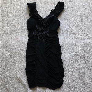 Black mini dress with ruching and lace detail